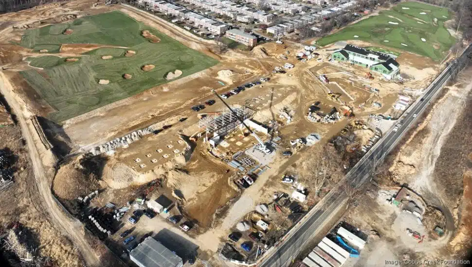An aerial view of the work being done at the Cobbs Creek Golf and Education Campus.