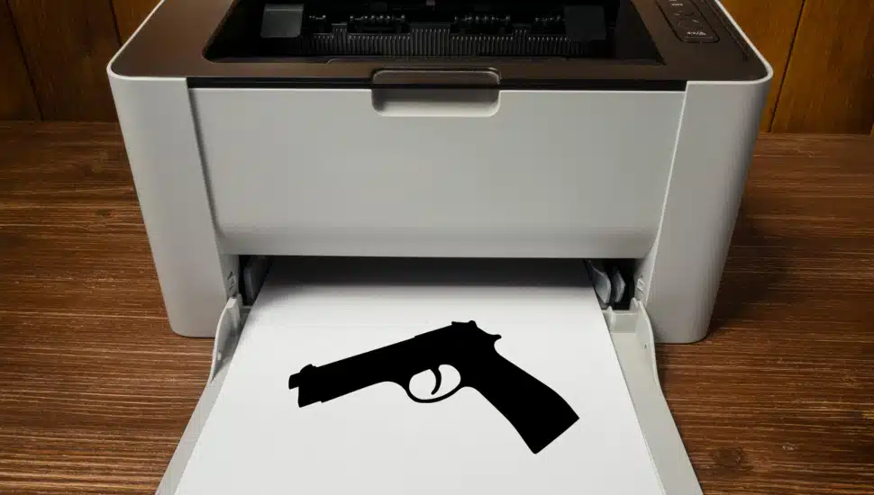 An image of a gun printed out on paper coming out of a printer.
