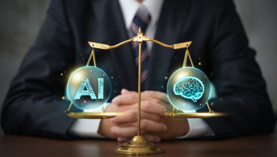 A business executive weighs the value of AI and human thought on a scale.