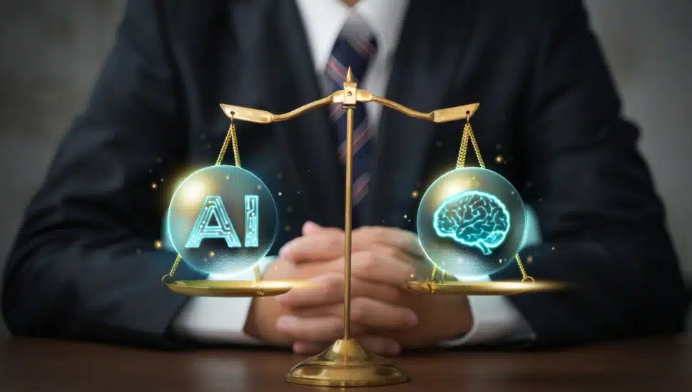 A business executive weighs the value of AI and human thought on a scale.