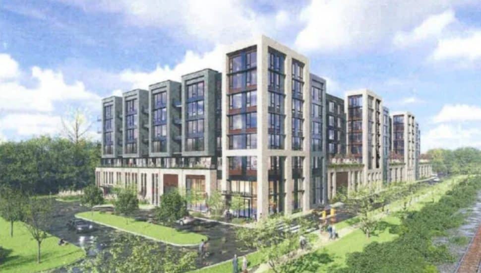 A rendering of a 300-unit apartment building on SEPTA-owned land.