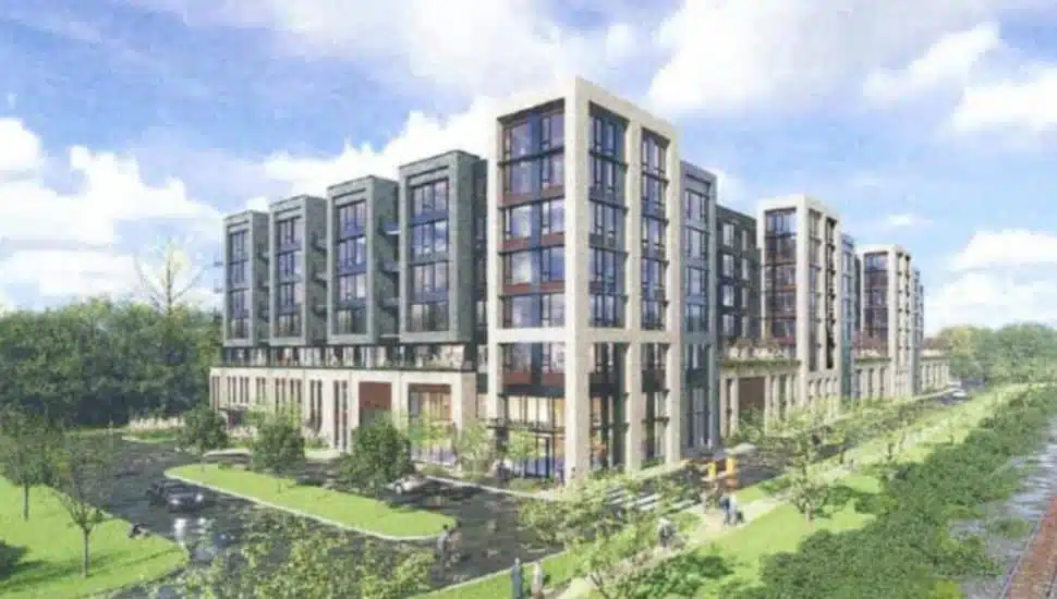 A rendering of a 300-unit apartment building on SEPTA-owned land.