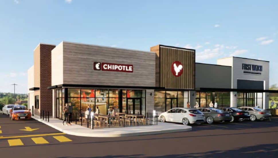 A rendering of a Chipotle restaurant and other proposed eateries at the Barn Plaza.