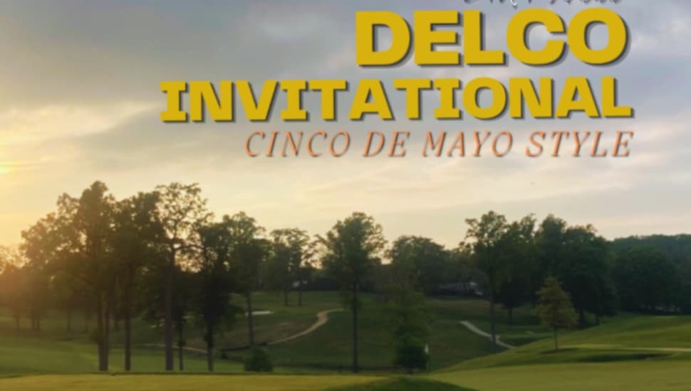 The poster for the Cinco de Mayo Delco Invitational showing a golf course at sunset.