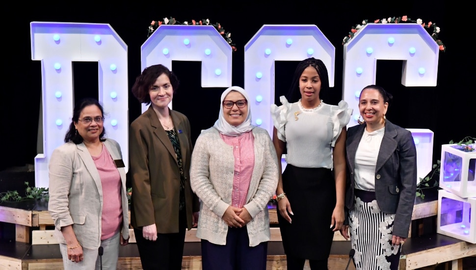 (L to R) Dr. Umadevi Garimella, Dean of STEM; Dr. Marta Yera Cronin, President; Elif Munevver Isman, DCCC student; Maria Lopez, Lead Administrative Assistant for Career & Counseling; and Dr. Adriana Bohm, Professor of Sociology and Women's Empowerment Initiative Lead.
