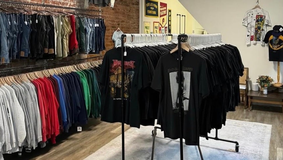 Several items of clothing hung up on clothes racks in a store.
