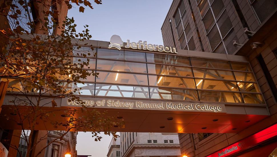 The connecting pedestrian bridge in Philadelphia at Jefferson Health.