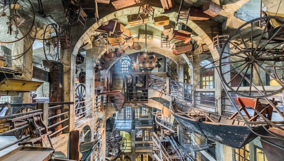 The interior exhibit area of the Mercer Museum.