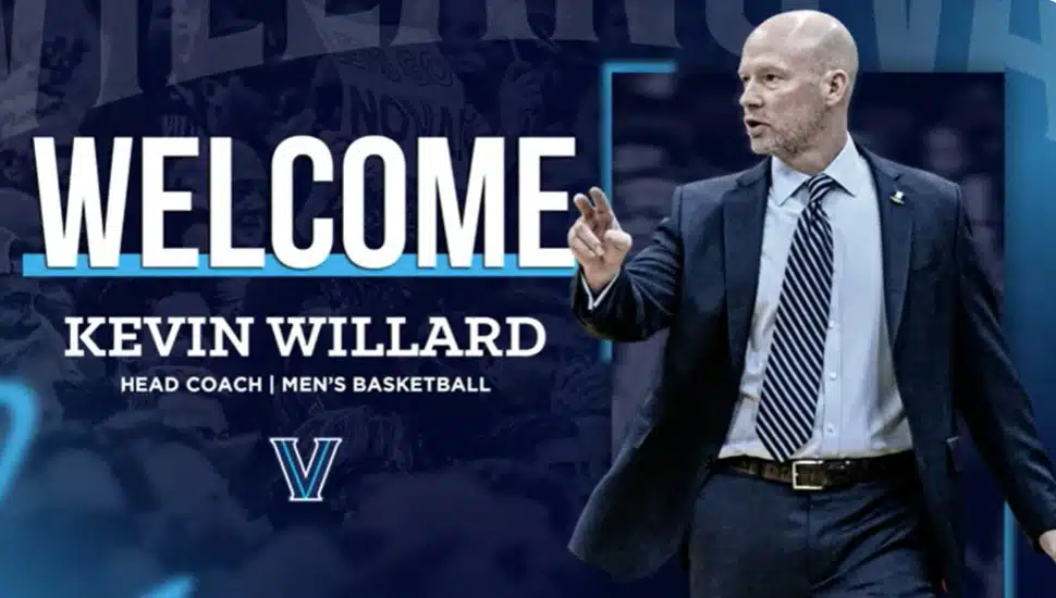 An screenshot image of Villanova's new men's basketball coach Kevin Willard with a Welcome sign from Villanova University .
