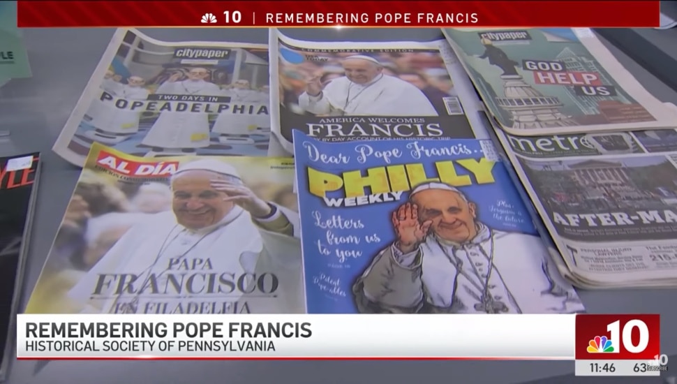 Newspapers and magazines announcing Pope Francis' visit to Philadelphia.