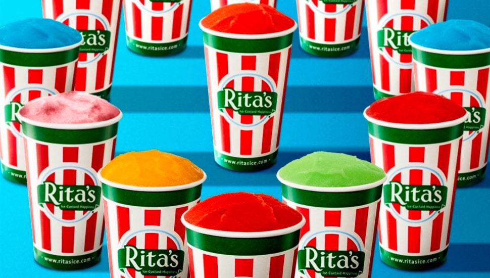 Several colorful cups of Rita's Water flavor varieties.