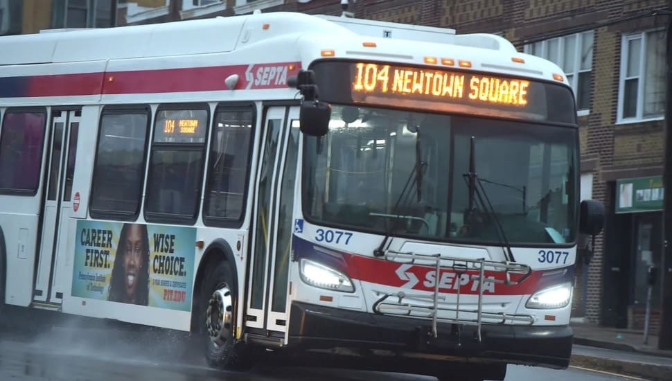A SEPTA bus on a cloudy day doing a Newtown Square run.