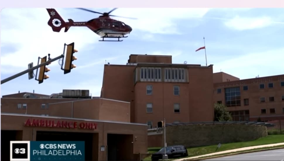 A medical helicopter prepares to land at Crozer-Chester Medical Center in Upland.