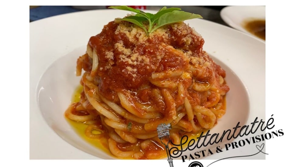 A plate of handmade pasta with tomato sauce from Settantatre Pasta.