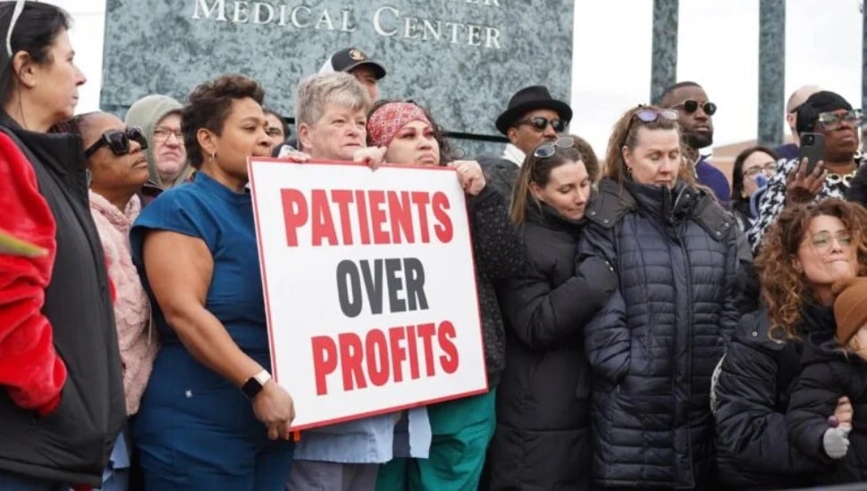 Crozer Health staff protest outside of Crozer-Chester Medical Center in Upland, March 6, 2025.
