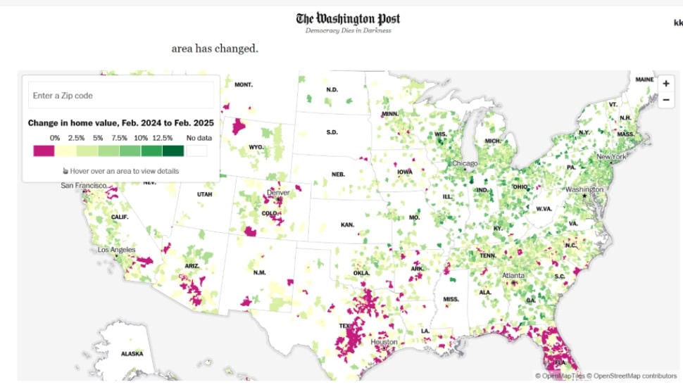 A color-coded map shows how much home prices changed in the United States since 2024.