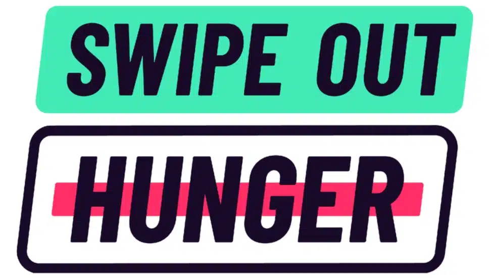 Penn State's logo in green, red and black for its Swipe Out Hunger campaign, with word "hunger" crossed out.