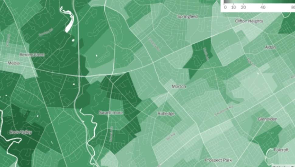 A map showing a section of Delaware County with different shades of green showing the percentage of tree coverage.
