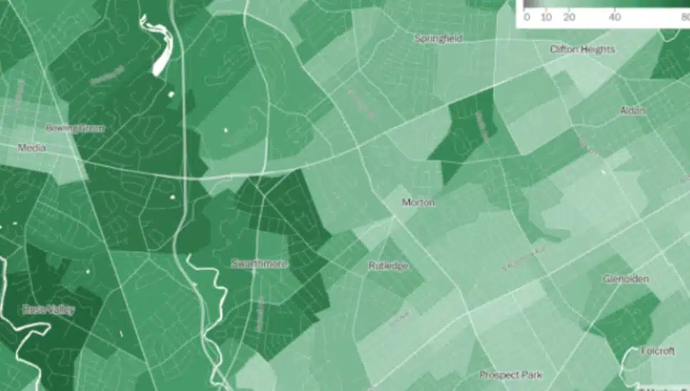 A map showing a section of Delaware County with different shades of green showing the percentage of tree coverage.