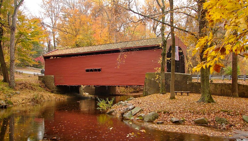 The Bartram Covered Bridge in Newtown Square during the fall.