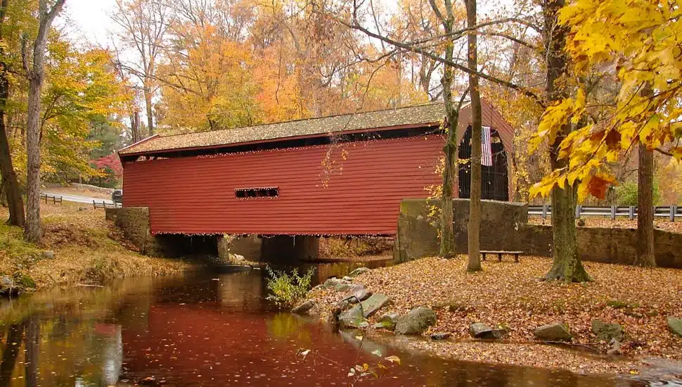 The Bartram Covered Bridge in Newtown Square during the fall.