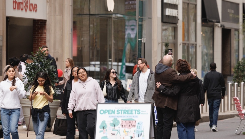 Pedestrians walking in Center City Philadelphia.