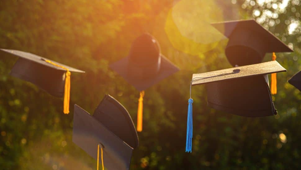 Mortarboards Against Trees In Mid-Air.
