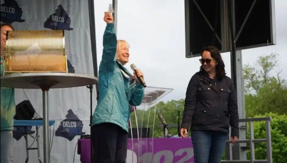 Frances Sheehan, president of the Foundation for Delaware County, draws a raffle for an extra donation to a lucky nonprofit at a Delco Gives celebration in Rose Tre Park.