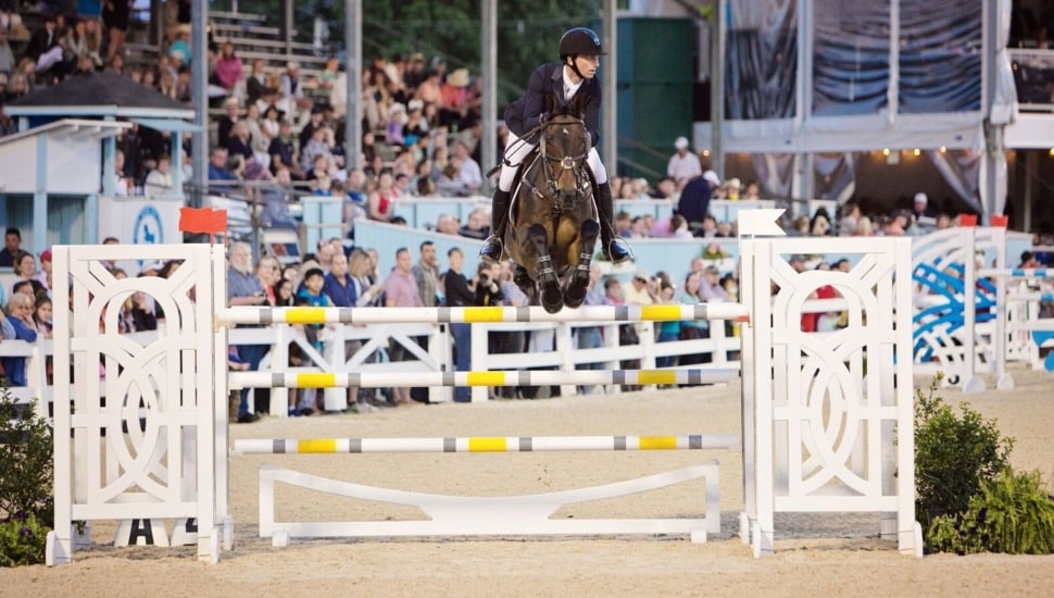 A horse jumps a gate at the Devon Horse Show.