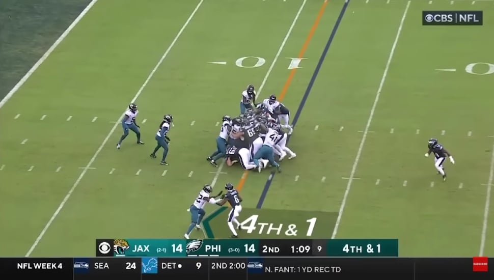 The Philadelphia Eagles perform the Tush Push on the field during a game.