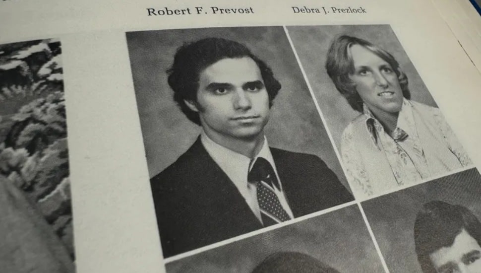 Robert Prevost, the new pope of the Catholic Church, is seen above in his 1977 graduation yearbook photo at Villanova University.