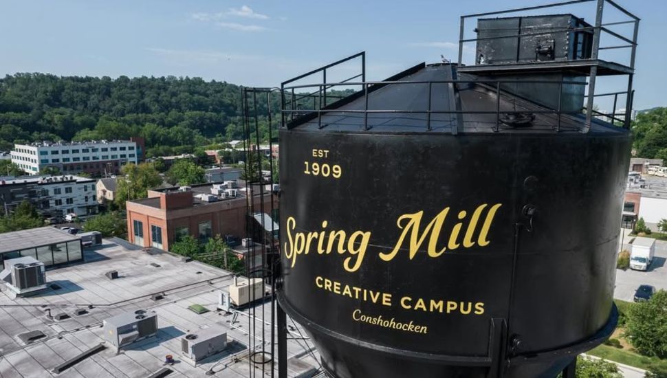 A water tower overlooking the Spring Mill campus in Conshohocken.