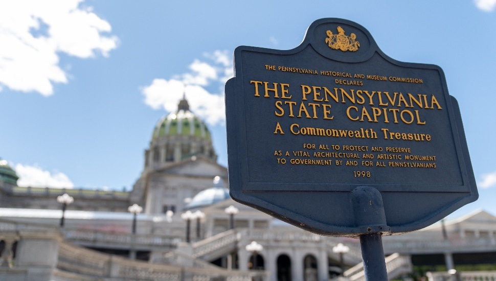 A historical marker outside the Pennsylvania State Capitol building.