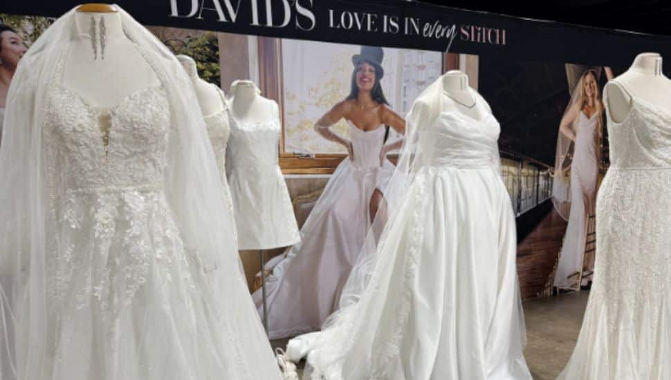 Wedding dresses on display.