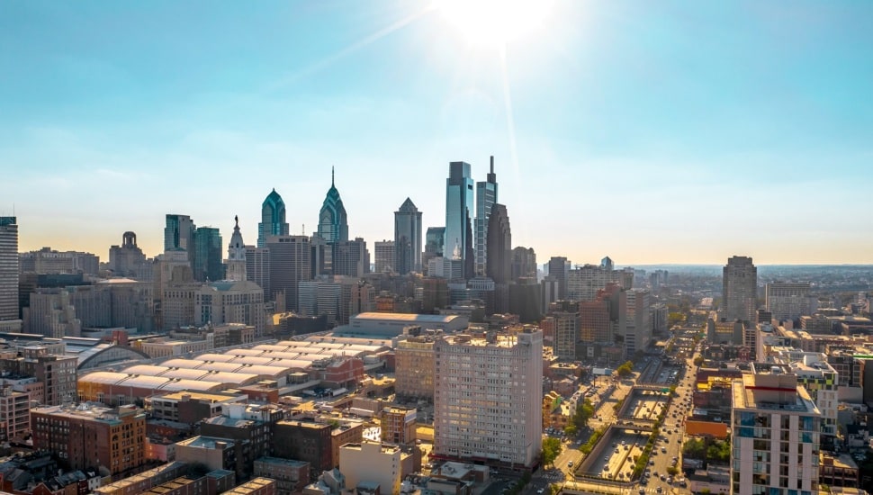 Philadelphia skyline on a sunny afternoon with iconic skyscrapers in frame.