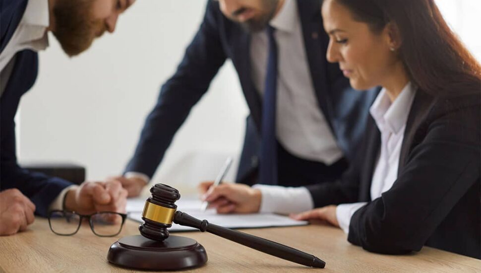 Law students dressed professionally gathered around a table thinking/collaborating.