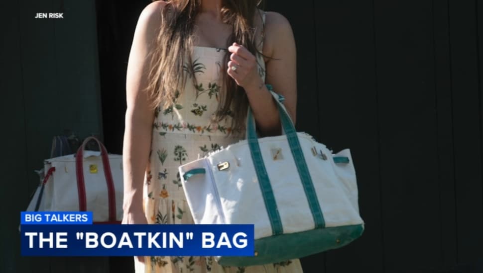 Modeling the new Boatkin bag designed by Wayne resident Jen Risk.