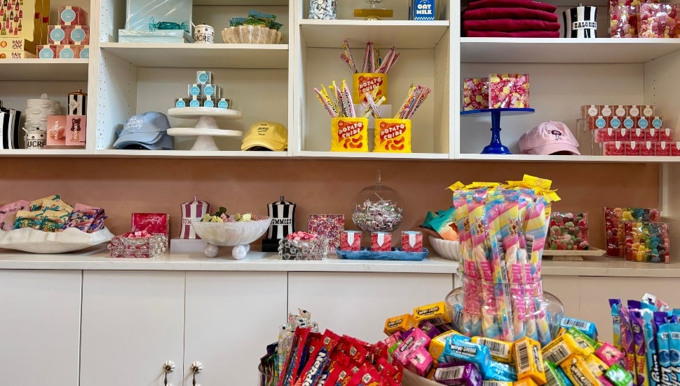 Shelves and tables filled with unique candy offerings.