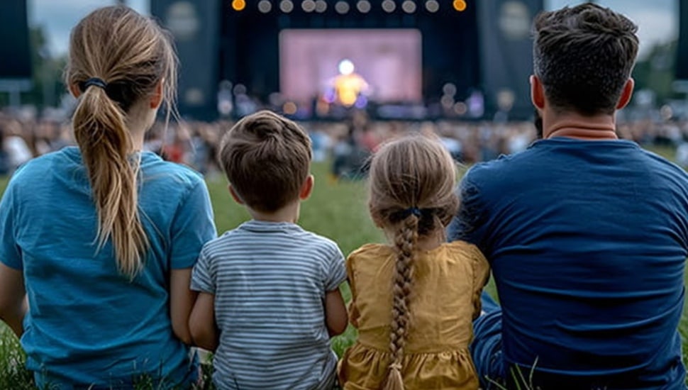 Family sits in grass and watches an outdoor movie.