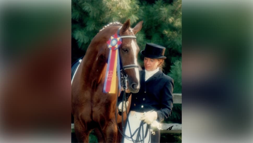 Mary alice Dorrance Malone, Campbell Soup's heiress, rides her stallion.