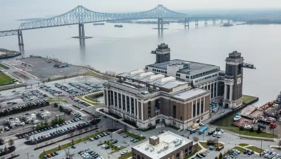 An aerial view of the Wharf at Rivertown, which sits beside the Commodore Barry Bridge.