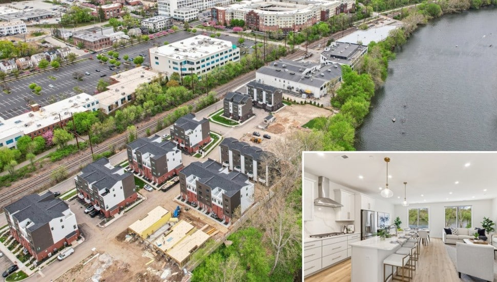 Aerial view of townhouse construction on river's edge with inset image of the interior.