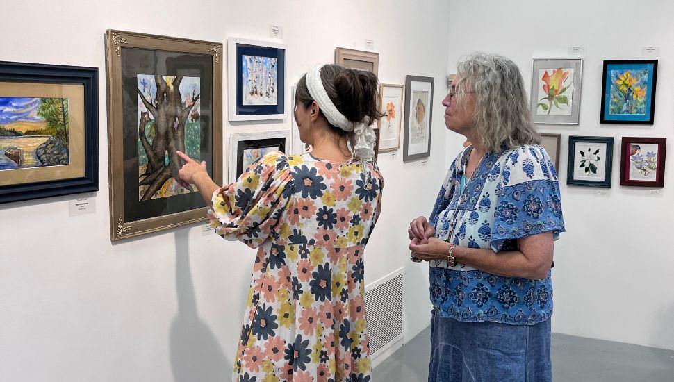 Two women view and discuss framed artwork on display at the 2025 Senior Community Services Art Show at Delaware County Community College, featuring colorful paintings and nature-themed pieces.