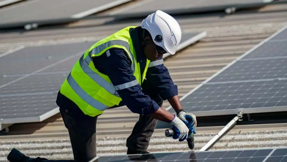 A worker installs a solar panel on a roof.