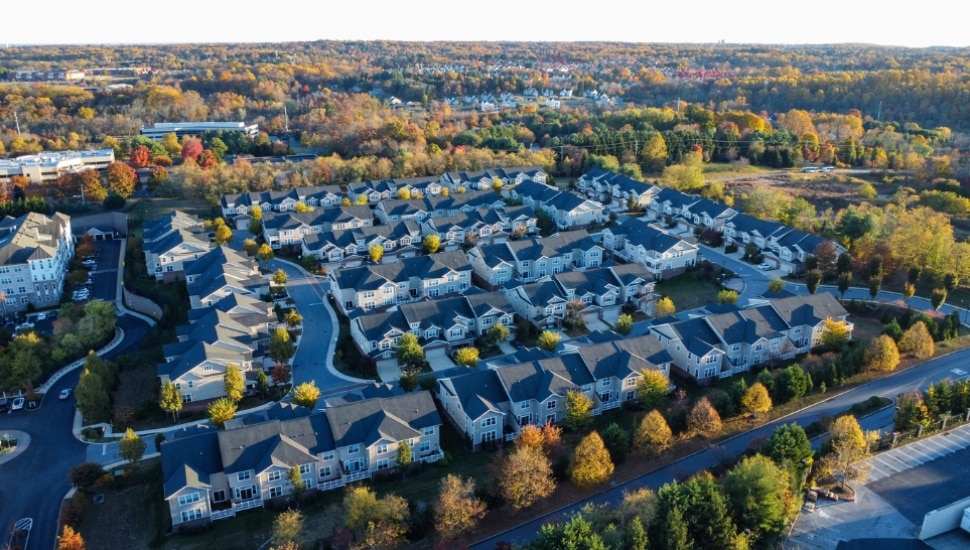 An aerial view of a suburban community.