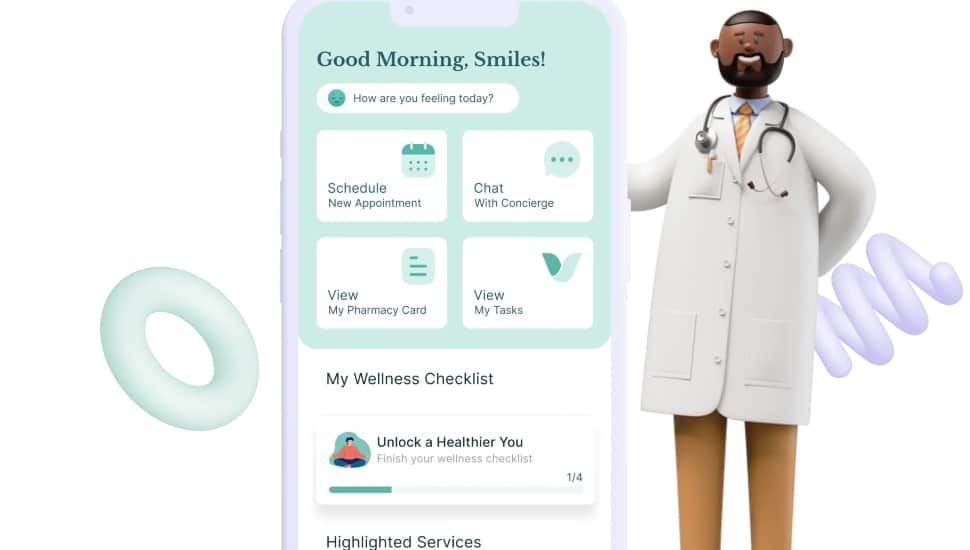 A graphic of a doctor next to device displaying the Vitable app.