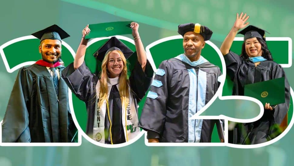 Wilmington University graduates celebrating in front of a backdrop featuring the WilmU logo. They are pictured within the numbers "2025."