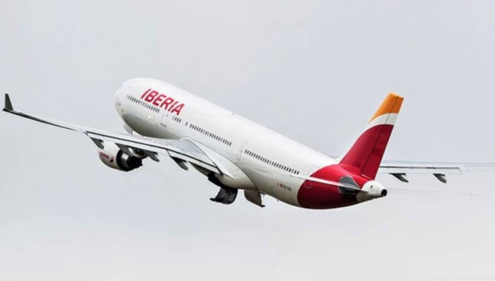 An Iberia Airline plane takes off.