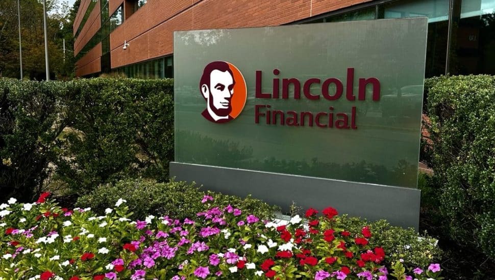 The new Lincoln Financial logo on a sign outside its Radnor headquarters.