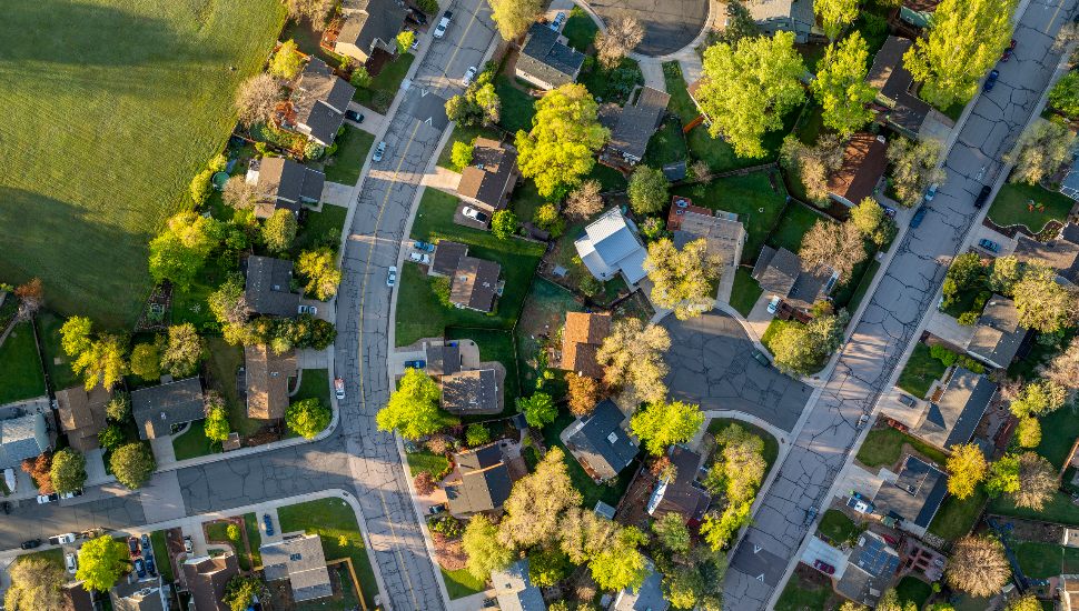 An aerial view of a suburban neighborhood.
